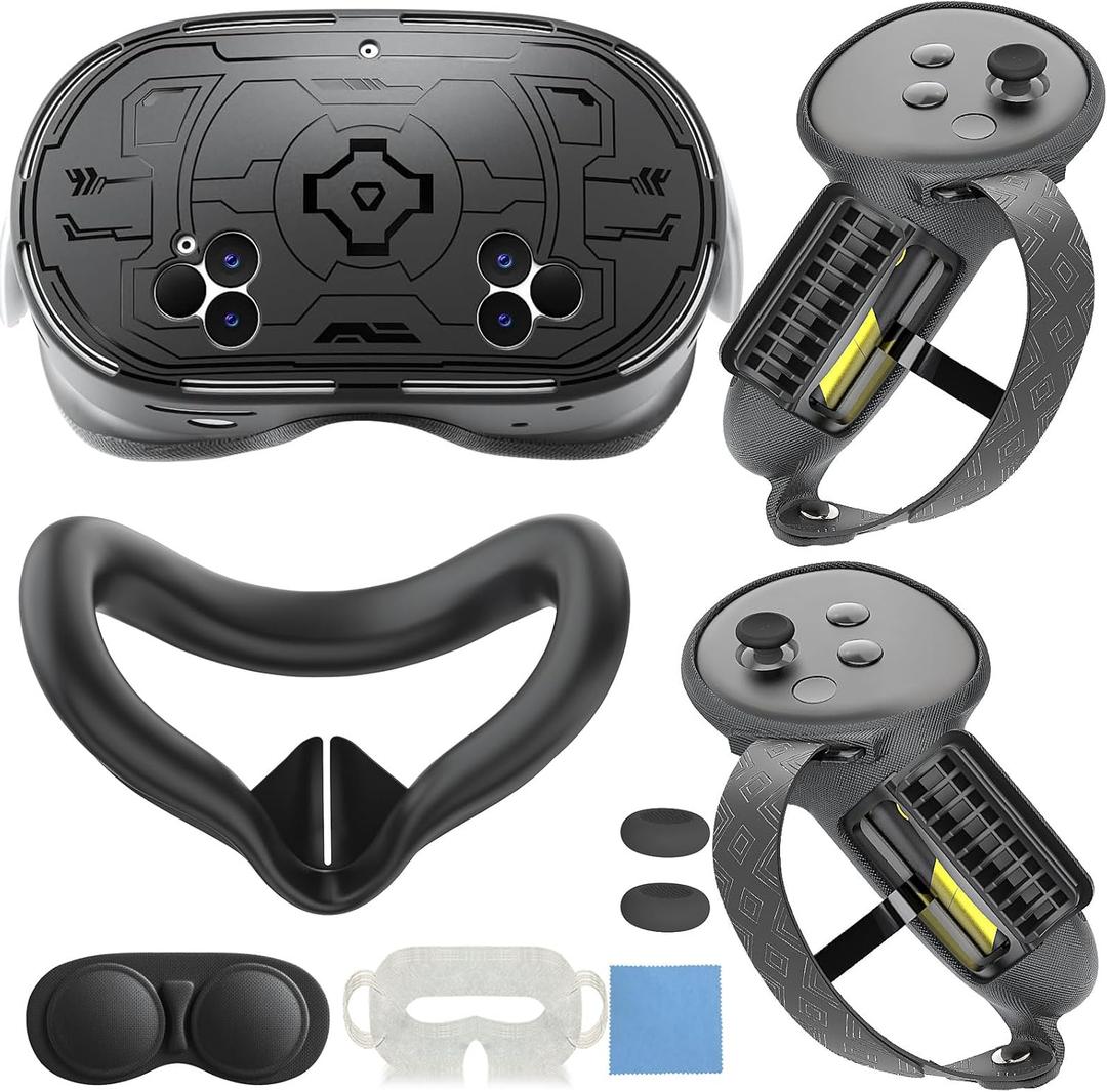 7-in-1 Protective Silicone Cover Set Compatible with Meta Quest 3s Accessories, Included Upgrade Battery Opening Controller Grips, Silicone Face Cover and TPU Hard Shell Cover_(TPU-Black)