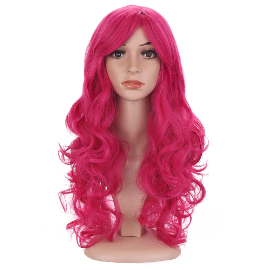 BERON Hot Pink Wig Long Wavy Rose Pink Wig with Bangs for Women Rose Red Wigs Synthetic Wigs with Cap