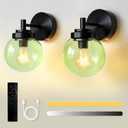 Set of 2 Rechargeable Wall Sconces with Remote, Dimmable Cordless Battery Operated Lights, Modern Black Wall Lamp with Green Glass Globe Shade