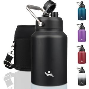 Konokyo Half Gallon Jug with Handle,64 oz Insulated Water Bottle with Carrying Pouch,Double Wall Vacuum Stainless Steel Metal Bottle,Black