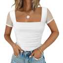 Chunpin Women's Bodysuit Square Neck Ruched Top Mesh Long Sleeve Bodysuits Thong Body Suits Leotard Shirt Going Out S