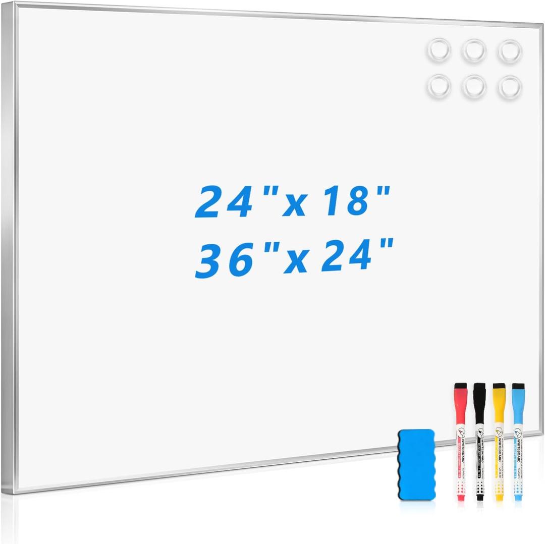 Whiteboard for Wall, 24" x 18" Magnetic White Board Dry Erase Board with Silver Aluminum Frame, Hanging Wipe Board for Office, Home, School, Kitchen, Dorm