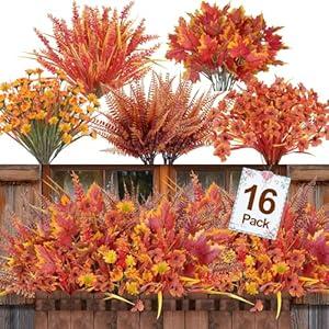 TURNMEON 16 Bundles 5 Styles Artificial Fall Flowers for Outdoors Fall Decor, Fake Mums Fall Plants UV Resistant No Fade Boston Fern Orange Daisy Maples Leaf Picks Autumn Thanksgiving Outside Home