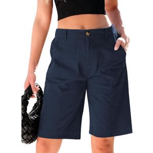 luvamia Bermuda Shorts for Women Knee Length High Waisted Cotton Elastic Wasit Summer Dressy Casual Long Chino Shorts (Medium, Dark Blue)