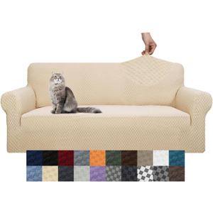 YEMYHOM Couch Cover Latest Jacquard Design High Stretch Sofa Covers for 3 Cushion Couch, Pet Dog Cat Proof Slipcover Non Slip Magic Elastic Furniture Protector (Sofa, Beige) (Large (71"-91"))
