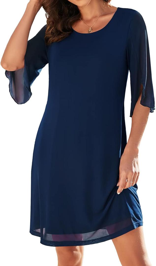 Actcat Women's Casual Loose 3/4 Sleeve Stretch Mesh Wedding Guest Dress Scoop Neck Cocktail Party Formal Dresses (Medium, Navy Blue)