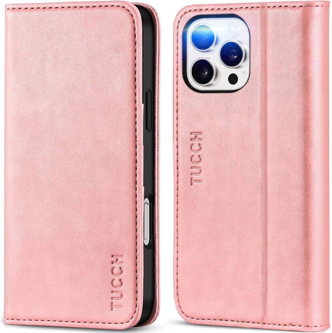 TUCCH Case for iPhone 16 Pro Max, PU Leather Wallet with [Kickstand] RFID Blocking 3 Card Slots Flip Book Cover [Protective TPU Interior Case] Compatible with iPhone 16 Pro Max 5G 2024, Rose Gold