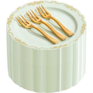 LIYH 100 Pcs Light Green Gold Plastic Dessert Plates with 100 Pcs Gold Dessert Plates, Disposable Sage Green Salad Plates, Includes: 100 Appetizer Plate 7.5" & 100 Golden Cake Forks 5"