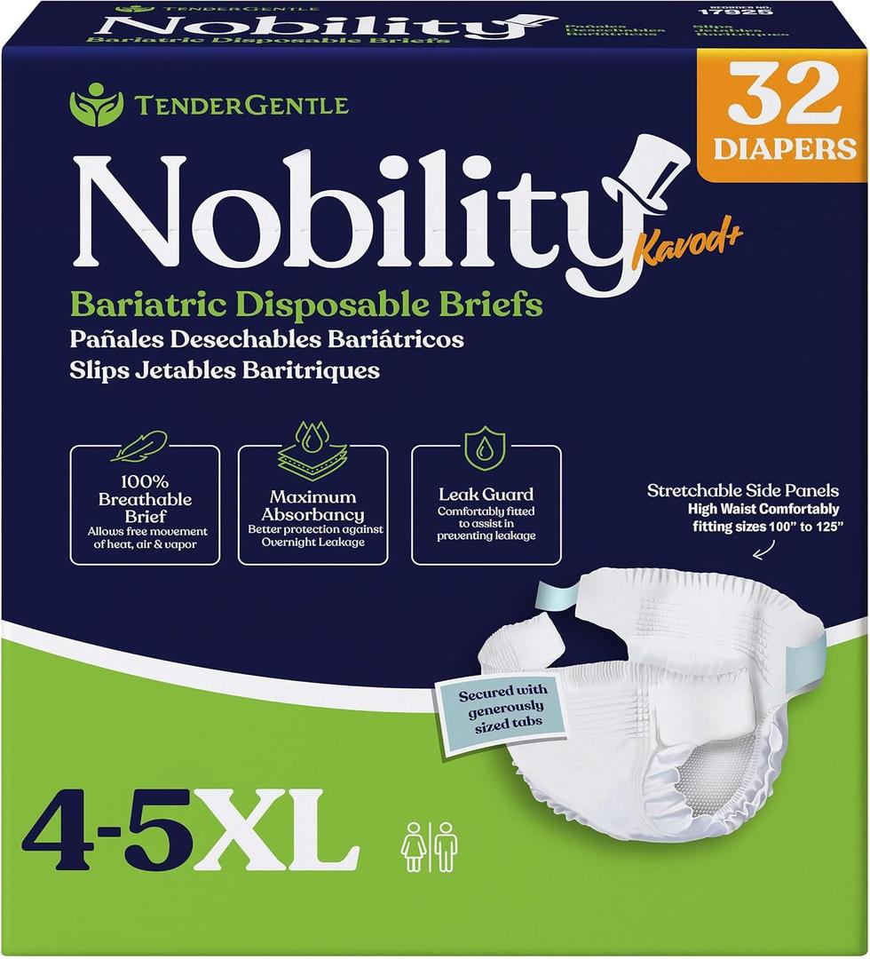 4-5xl Adult Diapers for Women and Men - Case of 32 Bariatric Disposable Briefs with Tabs and Stretchable Side Panels - 100% Breathable with Maximum Absorbency, White