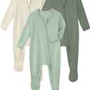Yoofoss Rayon Made From Bamboo Baby Pajamas 3pcs Newborn Sleepers For Boy Girl Clothes, 0-3 Months Footed Pajamas Zipper Baby Pjs with Mitten, Sage&green&beige