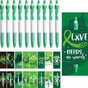 Sayglossy 24 sets Mental Health Awareness Pens Bulk Motivational Retractable Green Ribbon Ballpoint Pen Black Ink with Motivational Cards Bookmarks for Office Charity Favors Items Supplies Accessories