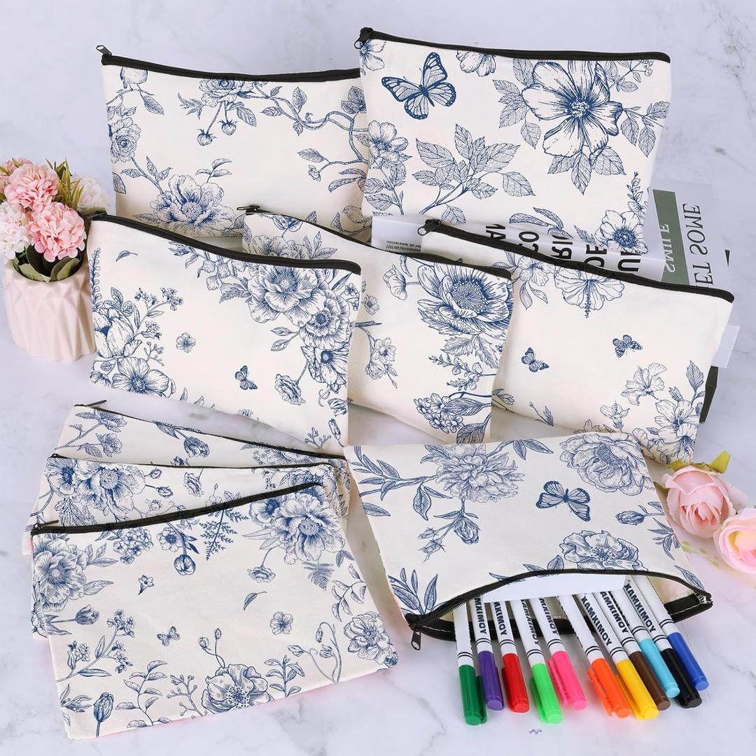 HSDSH 11 Pcs Blue and White Floral Makeup Bag Floral Cosmetic Bags Bulk for Women Chinoiserie Wildflower Canvas Travel Toiletry Pouch for Bridesmaids Wedding Bridal Shower Birthday Party Supplies