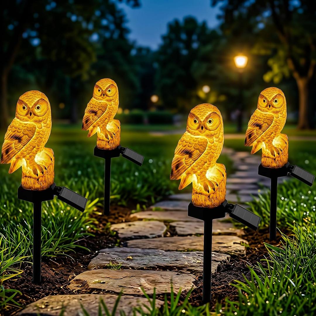 4PCS Solar Powered Garden Lights Owl Decor, Outdoor Yard Statue Pathway Lights for Outside Lawn Ornament Patio Decorative Stake Bird Lights for Landscaping Backyard