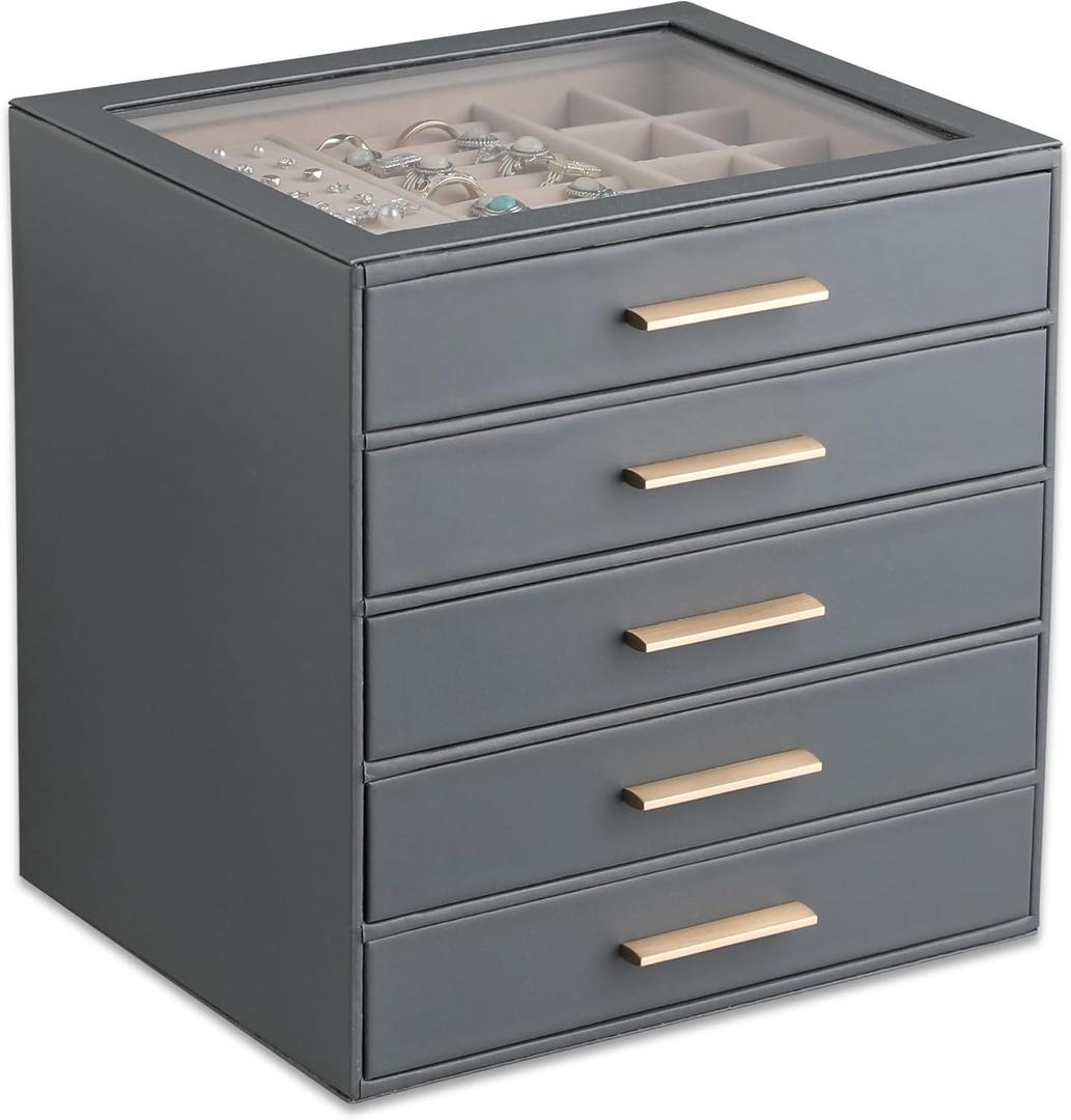 Frebeauty Clear Lid Jewelry Box,5-Layer Jewelry Organizer with Drawer,PU Leather Jewelry Organizers and Storage,Jewelry Boxes for Women,Jewelry Storage for Rings Earring Stud,Gift for Women(Grey)