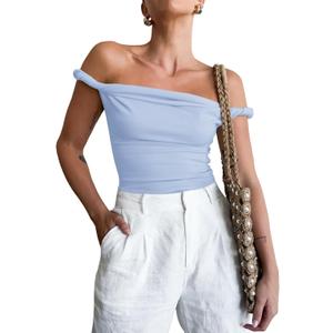Tankaneo Womens Off The Shoulder Top Sleeveless Slim Fit Stretchy Tank Top Y2k Casual T Shirts (Medium, Blue)