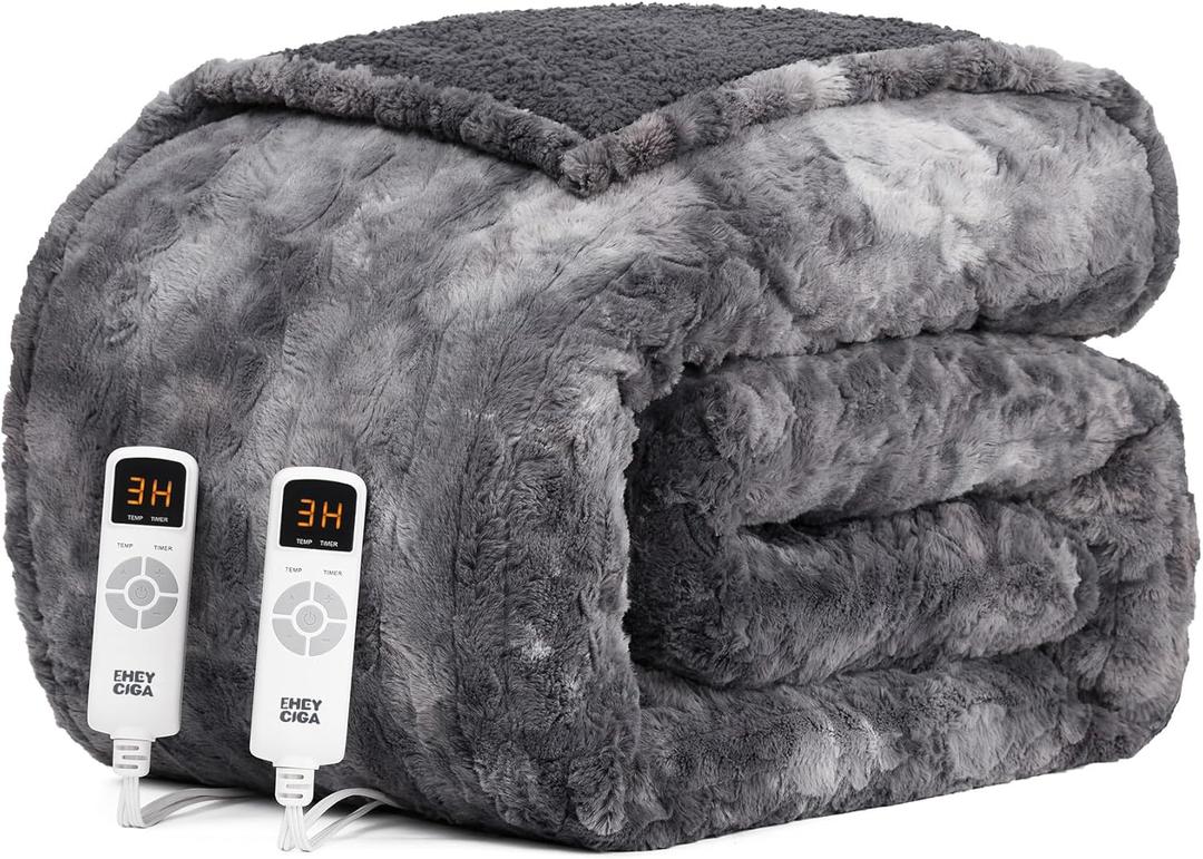 EHEYCIGA Faux Fur Heated Electric Blanket King Size - 9 Heating Levels, 10 Hours Auto Off, Soft Cozy Washable Dual Control With Fast Heating, 90 x 100 Inches (Grey)