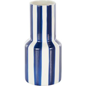 Deco 79 Ceramic Decorative Vase Round Centerpiece Vase with Blue Vertical Stripes, Flower Vase for Home Decoration 5" x 5" x 11", White