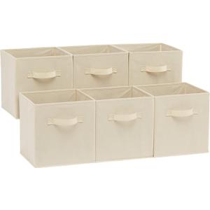 Amazon Basics Collapsible Fabric Storage Cubes Organizer with Handles, Sturdy, Beige, 10.5-x-10.5-x-11-inch, Pack of 6
