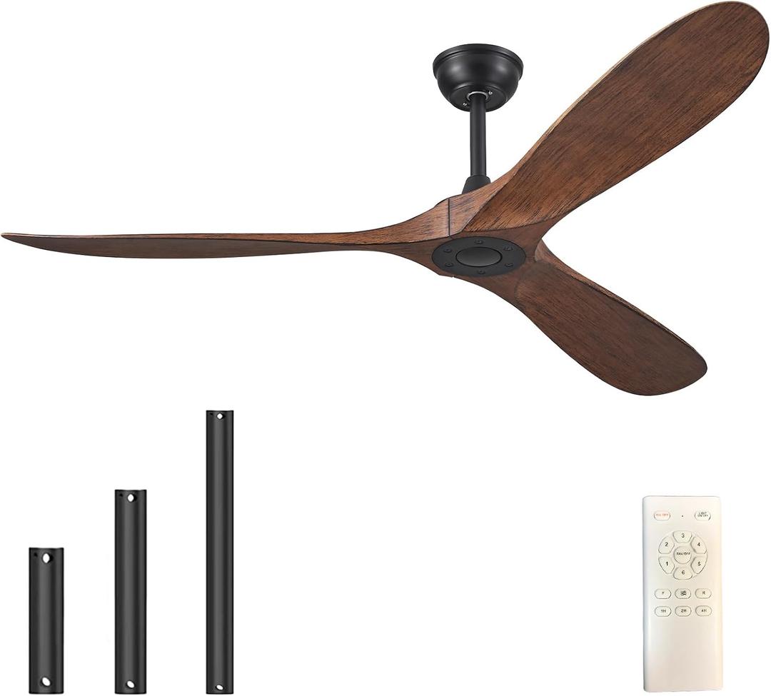 60'' Ceiling Fan No Light with Remote Control, Outdoor Ceiling Fan with DC Reversible and Silent Motor,3 Plastic Blades, Dark Walnut Fan for Patios,Living Room, Bedroom