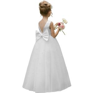 Flower Girl Dress Satin Tulle Crew Neck Girl's Elegant Pearls Wedding Party Dresses Long with Bowknot, Size 14