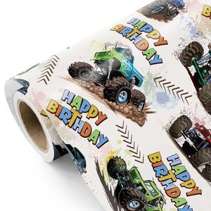 WRAPAHOLIC Monster Truck Birthday Wrapping Paper Roll - Mini Roll - 17 Inch x 9.8 Feet - Happy Birthday Monster Truck Wrapping Paper, Perfect for Kids Boys, Baby Shower
