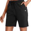 G Gradual Women's 7" Shorts with Deep Pockets Elastic Waist Bermuda Jersey Long Shorts for Woman Lounge Walking (Black,7",M)
