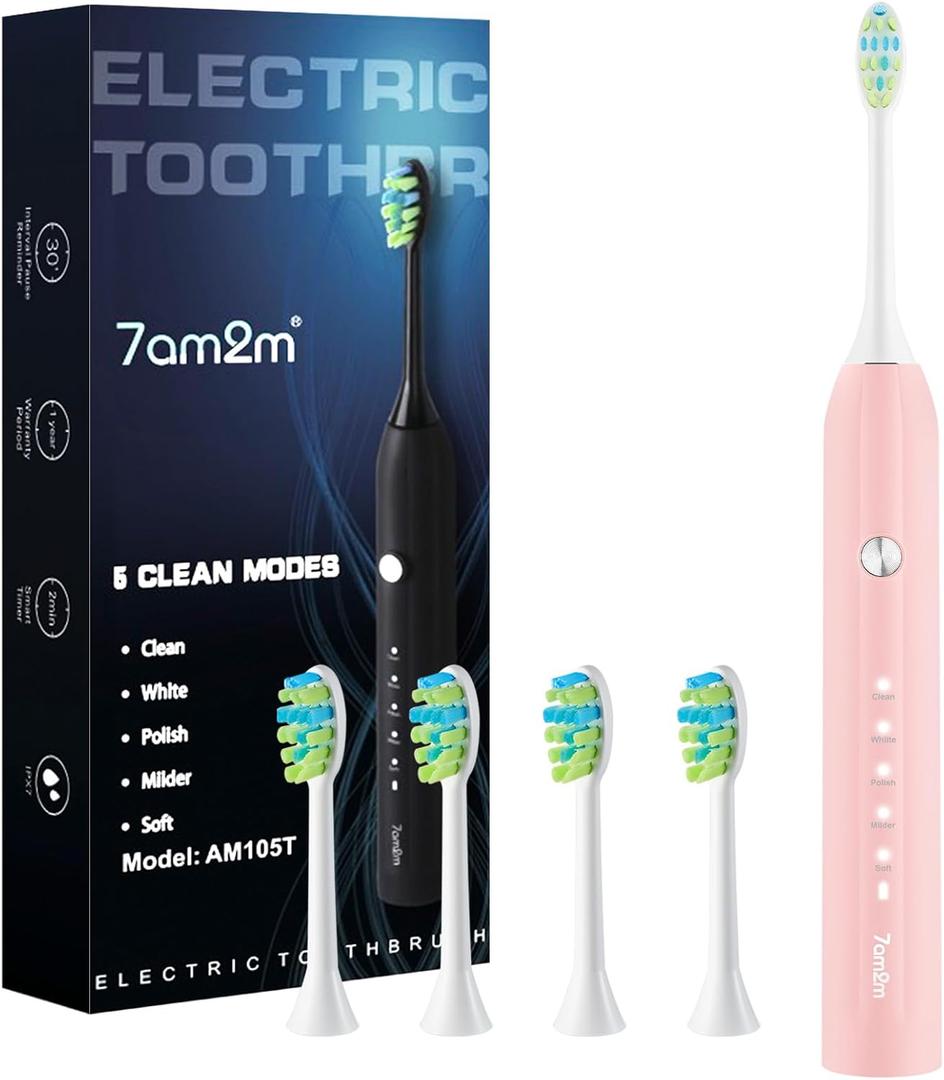 7AM2M Ultrasonic Electric Toothbrush for Adults and Kids, 40000 VPM High-Powered with 4 Brush Heads & 5 Modes, One Charge for 90 Days, 2 Minutes Built-in Smart Timer, Rechargeable Toothbrushes, Pink