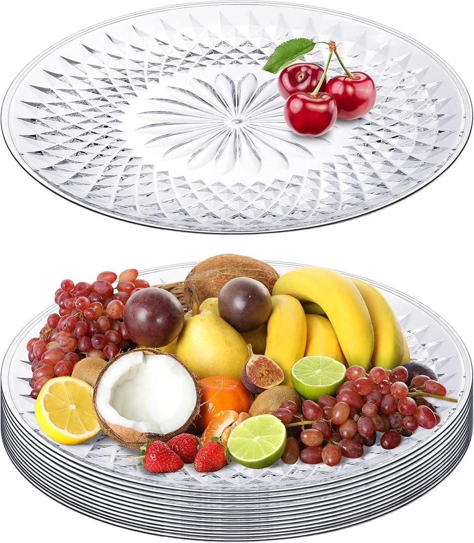 Fumete 10 Pcs Round Plastic Serving Platters 14 Inch Clear Plastic Tray Acrylic Crystal Flan Plates for Engagement Party Food Cake Cookie Fruits Birthday Wedding Supplies