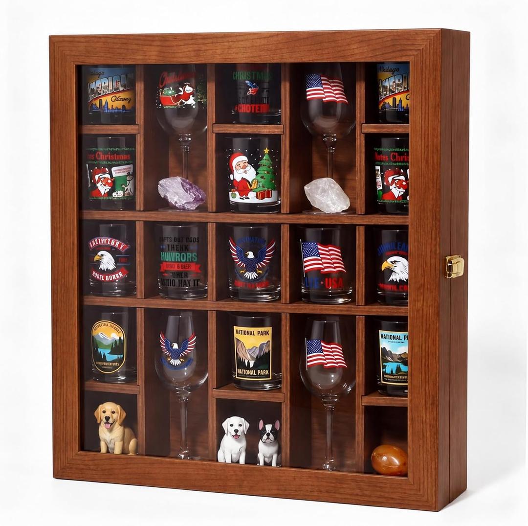 Maxdot Brown Shot Glass Display Case with Removable Shelves, 21 Slot