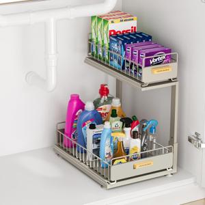 Under Sink Organizer, 2 Tier Pull Out Bathroom Cabinet Organizers and Storage L-Shaped,Multi-Purpose Metal Sliding Drawer Storage Shelf for Kitchen Bathroom, 1 Pack Grey (Gray)