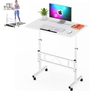 Klvied Small Standing Desk Adjustable Height, Mobile Table with Wheels, Portable Laptop Table, Standing Computer Desk for Walking Pad (White)