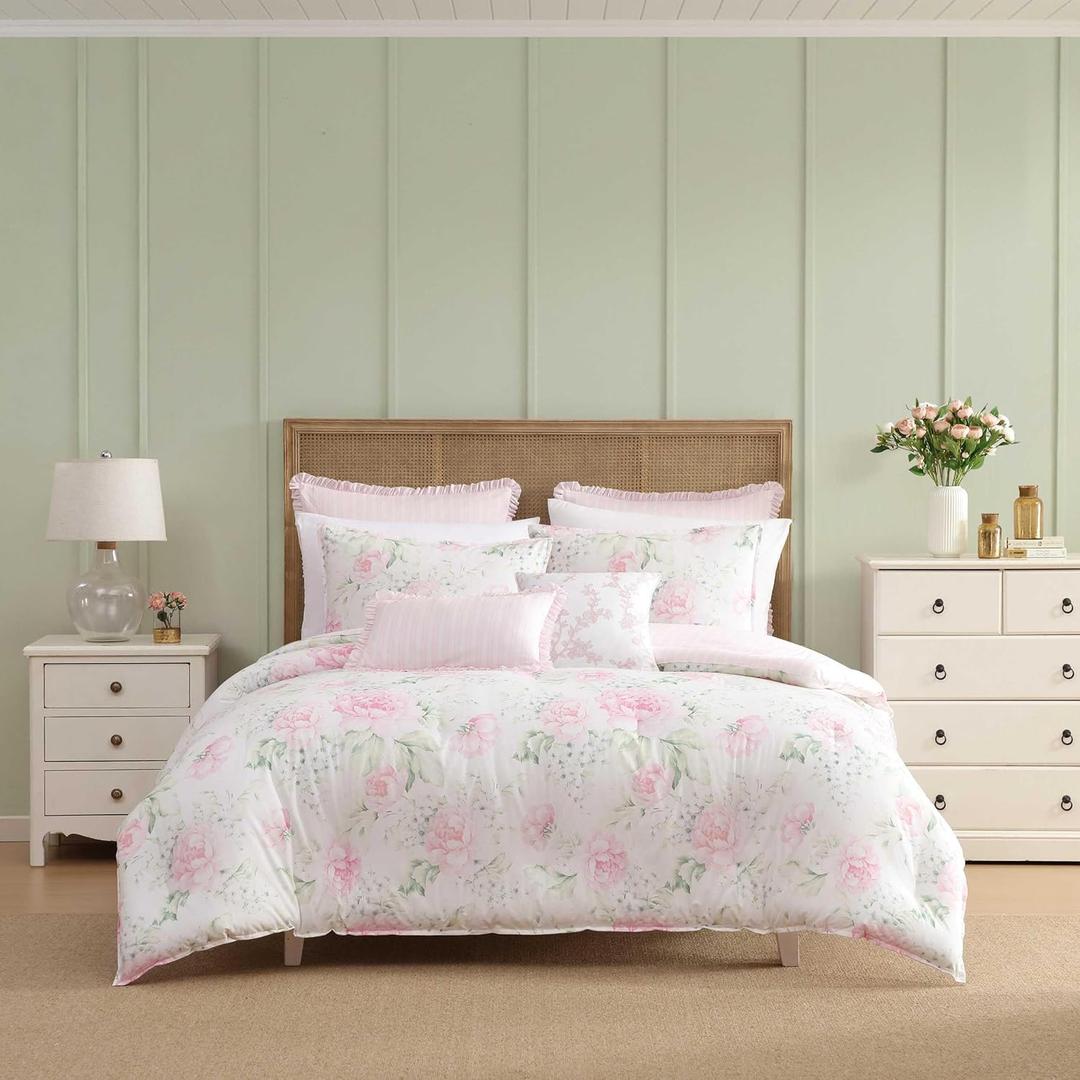 Laura Ashley - King Bonus Comforter Set, Reversible Bedding with a Naturally Soft Feel, 7 Piece Bed Set with Matching Pillowcases, Euro Shams, & Throw Pillow Covers (Serenity Roses/Mattie Stripe Pink)