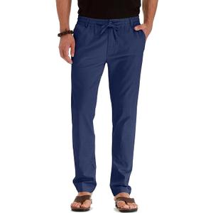 Sailwind Men's Drawstring Linen Pants Casual Summer Beach Loose Trousers (34, Navy Blue)