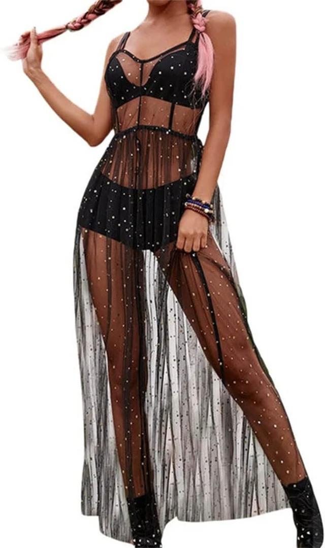 GRAEEN Black See Through Dress Sheer Mesh Rave Outfits Long Dresses for Women (X-Large)