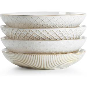 getstar Pasta Bowls, Large Salad Serving Bowls (9.2 inch/42 oz), Ceramic Bowl Plates Set of 4, Farmhouse Embossments, Microwave and Dishwasher Safe