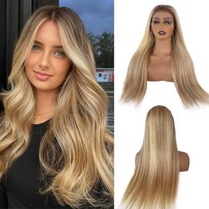 Highlight Ombre Lace Front Wigs Human Hair 13x6 Straight Golden Blonde to Medium Blonde with Brown Roots HD Transparent Lace Frontal Wig for Women 180% Density Pre Plucked with Baby Hair 16 Inch