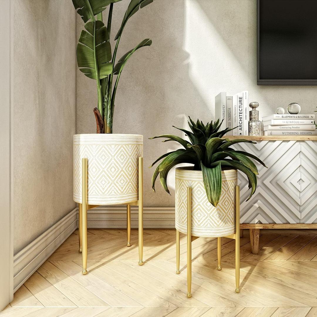 Unknown1 Modern Planters (Set of 2) Gold White Mid-Century Round Metal