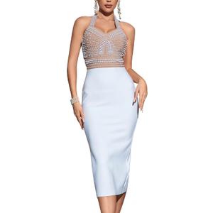 Elegant Beaded Halter Wedding Guest Dress Formal Evening Gowns Bandage Dress Bodycon Celebrity Club Party Dress (X-Large, White)