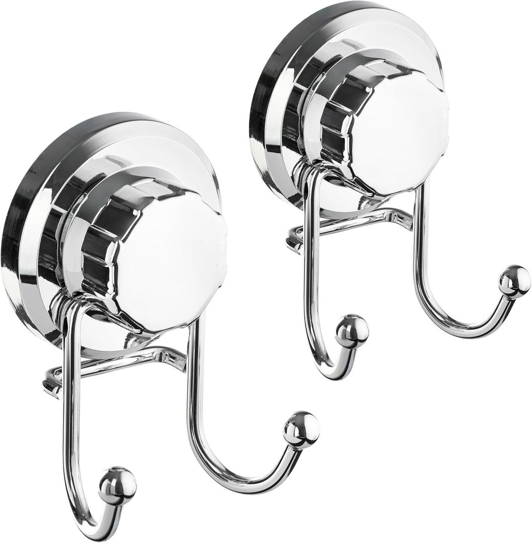 HASKO Suction Cup Hooks for Shower Wall, Removable Towel Hooks for bathrooms, Includes Optional No Drill Adhesive Mount for Inside Shower, Rustproof Stainless Steel - 2 Pack, Chrome