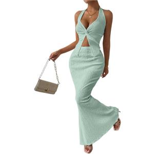 SOLY HUX Women's Two Piece Outfits Twist Front Halter Cami Tops and Skirt Summer Set (Large, Solid Mint Green)