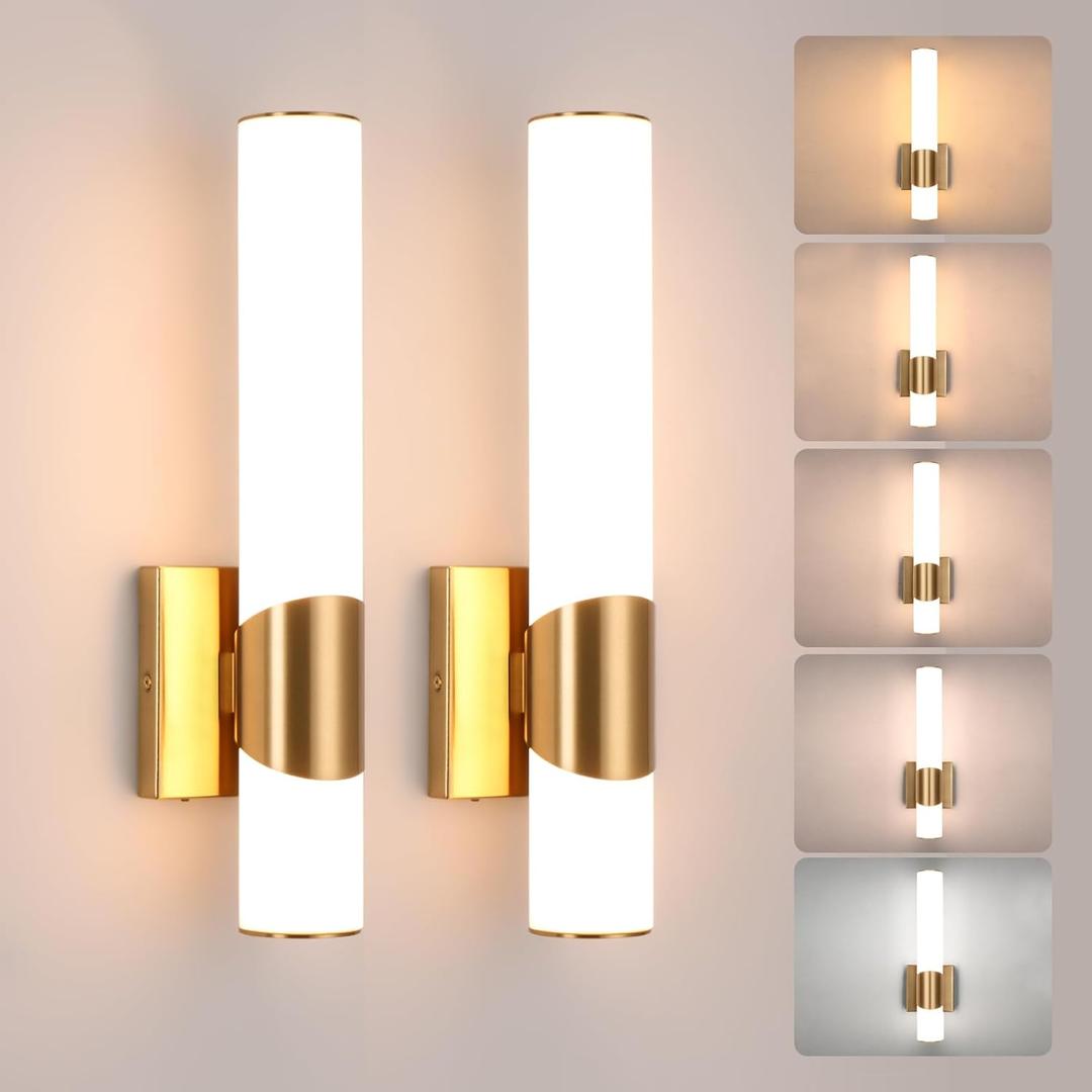 Gold Wall Sconces Set of Two 15 inch 5CCT Dimmable Bathroom Sconce with Acrylic Shade LED Hardwired Wall Light Fixtures for Bathroom Living Room Bedroom Hallway, 2 Pack