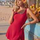 Aleumdr One Piece Swimdress Swimsuit for Women Tummy Control Split Swim Dress Skirt Bathing Suit with Pockets (Red, XL)