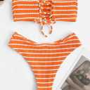 ZAFUL Women Strapless Ribbed High Cut Bandeau Bikini Lace Up 2 Pieces Swimwear (Orange, S)
