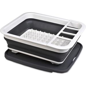 Masirs Pop-Up Collapsible Dish Drying Rack: Convenient Storage, Drains into Sink, Eight Large Plate Capacity, Sectional Cutlery and Utensil Compartment. Compact and Portable Design.