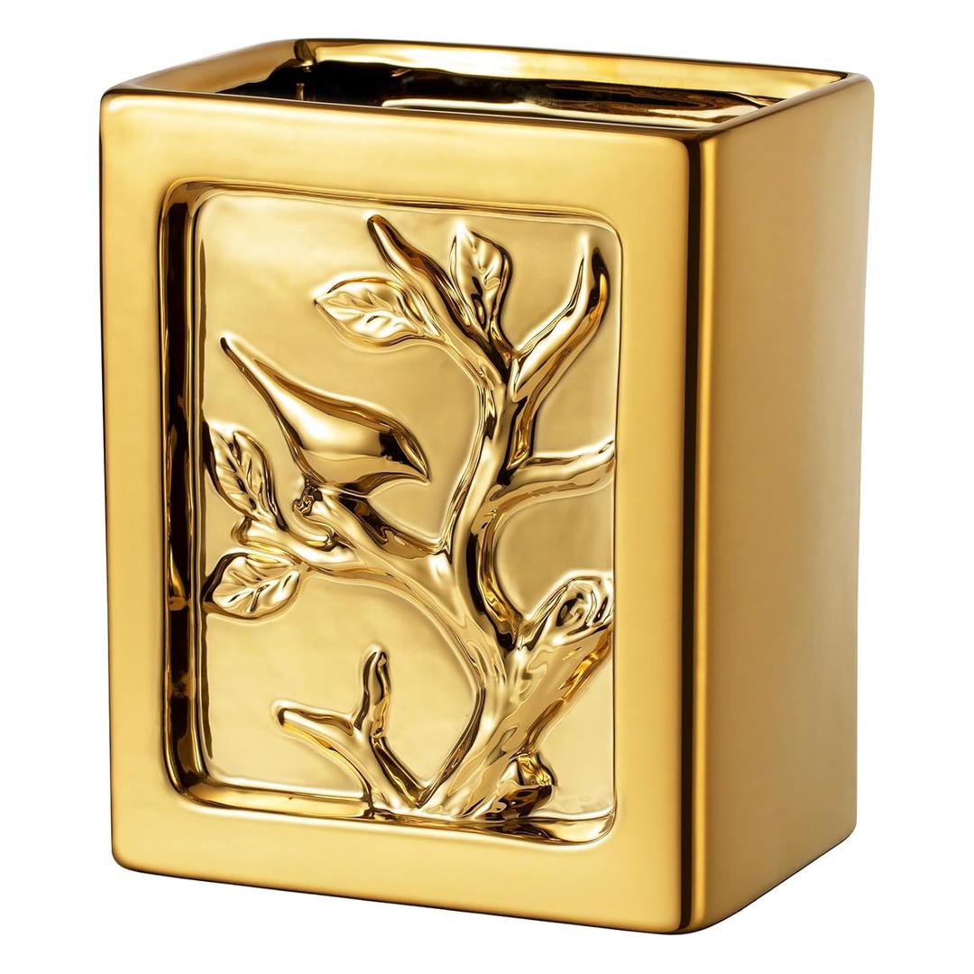 Gold Bathroom Trash Can,Luxury Ceramic Hand Carved Decor Garbage Can,1.32 Gallon/5 Liter Stylish Small Waste Basket for Bathroom,Office,Party,Room