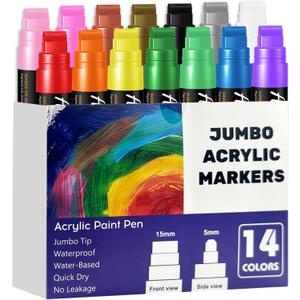 14 Colors Jumbo Markers, Jumbo Acrylic Paint Markers 15mm Wide Felt Tip Permanent Ink Pens for Poster, Rock Painting,Fabric,Glass, Wood, Stone, Ceramic & DIY Crafts, Vibrant Art Pens for Most Surfaces