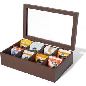 Alsonerbay Wooden Tea Box Tea Bag Holder Kitchen Storage Chest Box for Spice Pouches and Sugar Packets with 8 Compartments and Glass Window Walnut