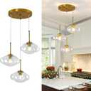 3-Light Gold Chandelier Modern Kitchen Island Pendant Light with Clear Glass Globe Shades Adjustable Height Flush Mount Ceiling Light Fixture for Dining Room Bedroom Living Room.
