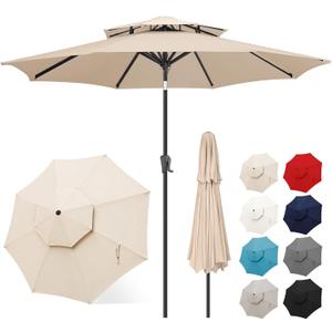 FLAME&SHADE 9ft Patio Umbrella - 2 Tiers Outdoor Umbrella with Push Button Tilt and Crank for UV Protection, Table Market Umbrella for Garden, Deck, Backyard, Pool and Beach(Beige), 9 FT Double Top