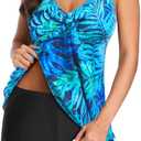 Yonique Women 2 Piece Flowy Tankini Swimsuits with Boyshorts V Neck Swim Tank Tops Bathing Suits Modest Swimwear (X-Large, Blue Green Leave)